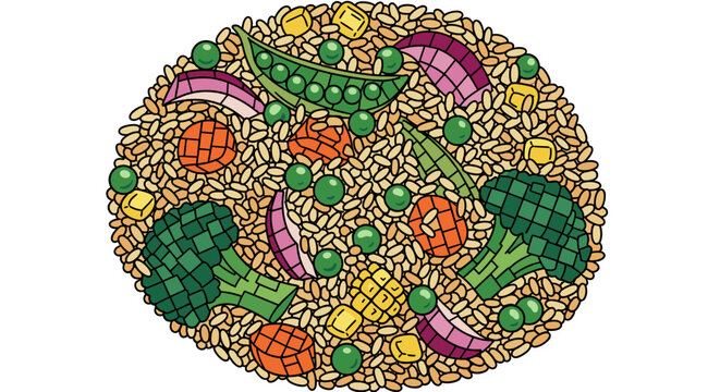 Illustration of vibrant fried rice mixed with colorful vegetables like broccoli, peas, and carrots, arranged in a circular pattern on a white background