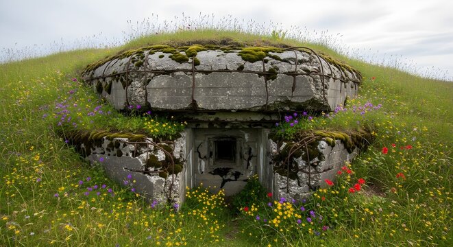 World War 2 Bunker Entrenched in Grassy Hillside with Wildflowers