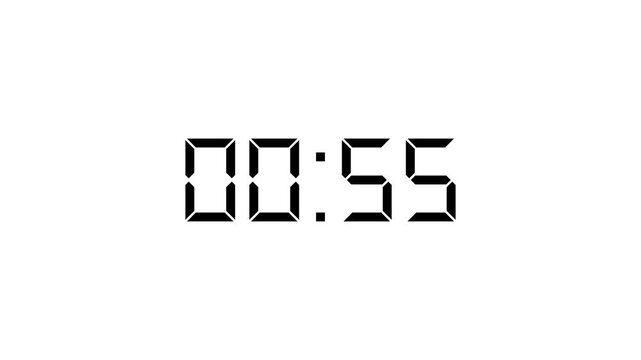Digital Countdown Timer 60 to 0 Seconds with Black LCD Font on White Background
