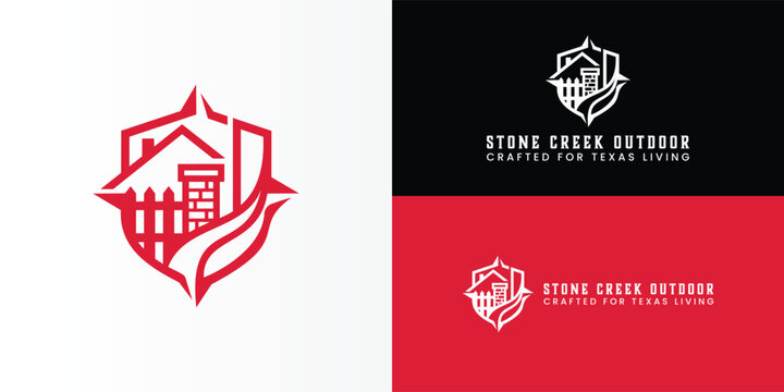 The modern shield logo combines a home, fence, masonry wall, and flowing pathway to represent strength, protection, craftsmanship, and premium outdoor construction in Texas, as well as trust.