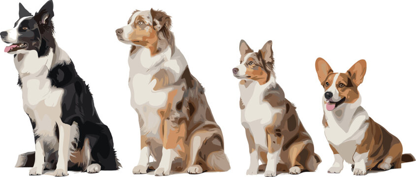 Herding Dog Vector Set with Border Collie, Australian Shepherd, Miniature Australian Shepherd, and Corgi Sitting Poses for Cartoon, Pet, and Animal Illustrations