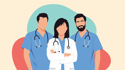 Fototapeta premium Team of three medical professionals wearing blue scrubs and white coats with stethoscopes around their necks standing against a colored backdrop.