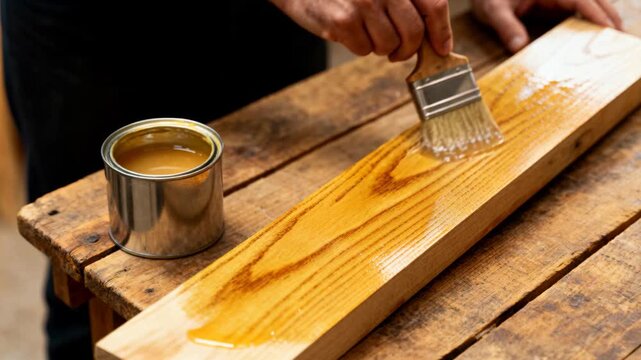 A man applies a protective coat of glossy varnish to a light wood plank using a wide brush.