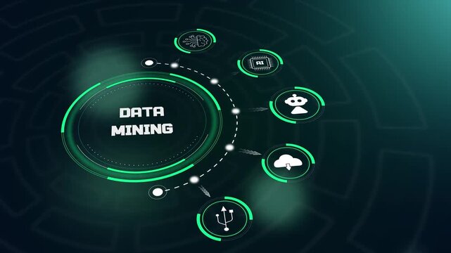 Data mining hud animation featuring futuristic digital interface with pickaxe icons to represent deep information extraction