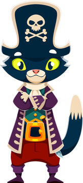 Cartoon cat animal pirate captain or skipper character with bright yellow eyes. Corsair dressed in a long purple coat, red trousers and tall hat with crossbones. Funny pirate personage for kids design