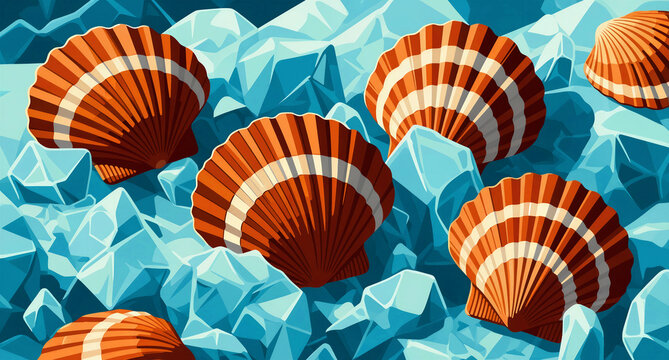 Vivid orange and white striped scallop seashells rest dramatically upon sharp blue glacial ice chunks in this stylized illustration.