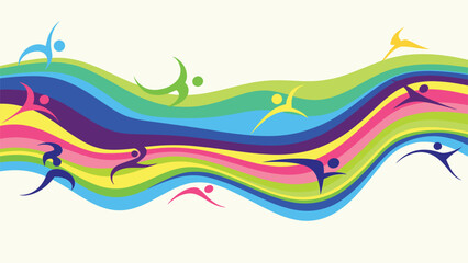 Fototapeta premium Dynamic abstract background with colorful wavy bands and silhouettes of people running in various directions.