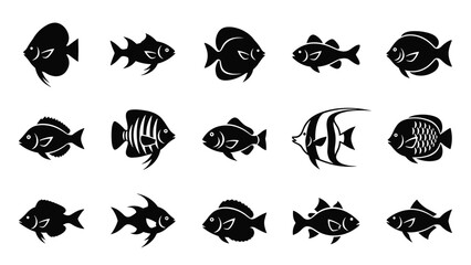 Obraz premium Variety of fish species shown in black silhouette profiles arranged in a grid for marine life and nature designs.