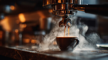 extreme close-up of a professional espresso machine brewing coffee on a polished black marble counter, rich espresso pouring into a cup while hot steam rises into the air. © csp_17