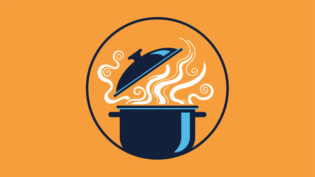 Simple icon of a dark blue cooking pot with white steam rising from the lid against an orange circular background.