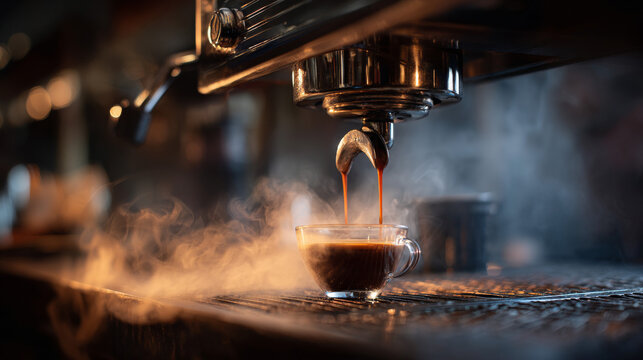 extreme close-up of a professional espresso machine brewing coffee on a polished black marble counter, rich espresso pouring into a cup while hot steam rises into the air.