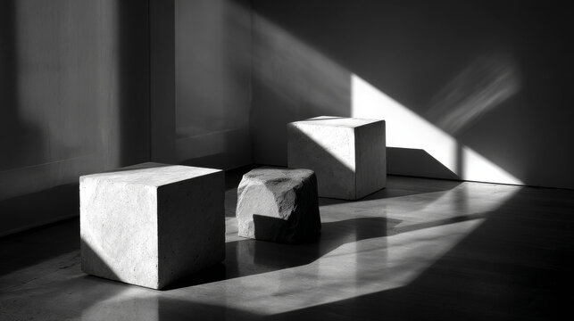 Three tops arranged directly on the floor in a loose but balanced layout, intersected by window-cast shadow lines. 