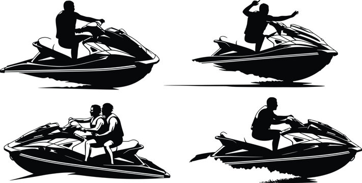 Jet ski silhouettes set isolated on white background featuring riders in action water sport adventure speed summer recreation black shadow personal watercraft collection