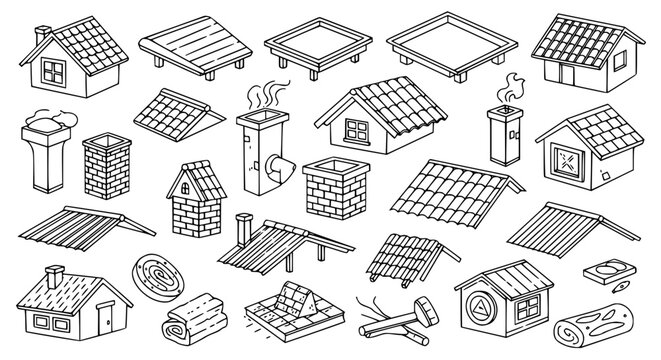 Detailed roof outline icon set with house roofing types, repair, and construction illustrations