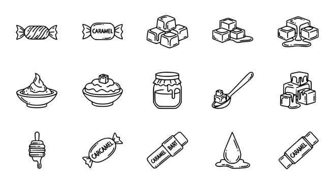 Minimal salted caramel outline icon set with candy, sauce drizzle, and dessert topping symbols