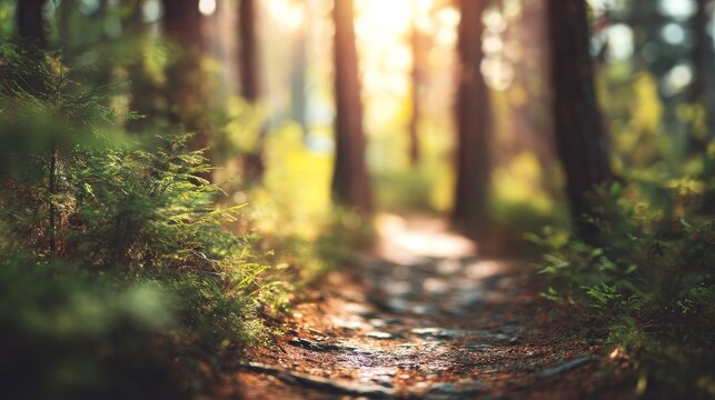 Sundappled forest path invites serene nature exploration.