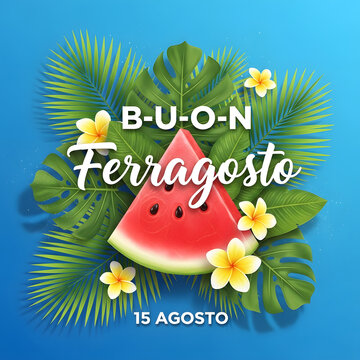 Ferragosto celebration with watermelon and tropical leaves