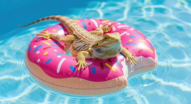 A bearded dragon lizard relaxes on a pink donut pool float in clear water