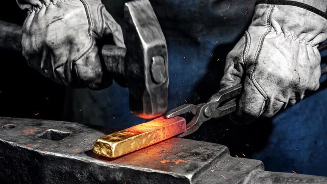 Blacksmith hammering glowing hot ingot on anvil, traditional metalworking, artisan craftsmanship.