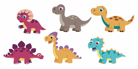 Cute cartoon dinosaurs in vibrant colors pose together cheerfully © Rubel