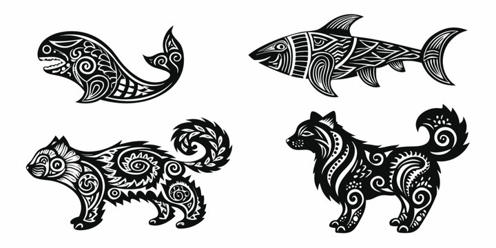Black and white tribal art featuring a whale fish wolf and cat