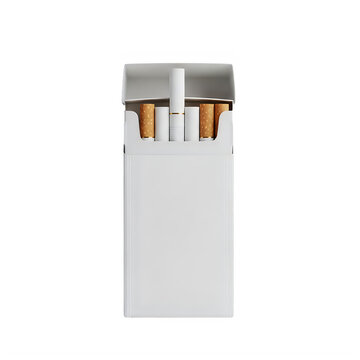 A plain white cigarette pack containing several cigarettes with brown filters standing upright