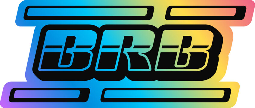BRB hologram vintage Y2K sticker or patch. Gradient chrome iridescent Y2K label, reflective holographic retro vector patch. Metallic color hologram tag or sticker with retro typography