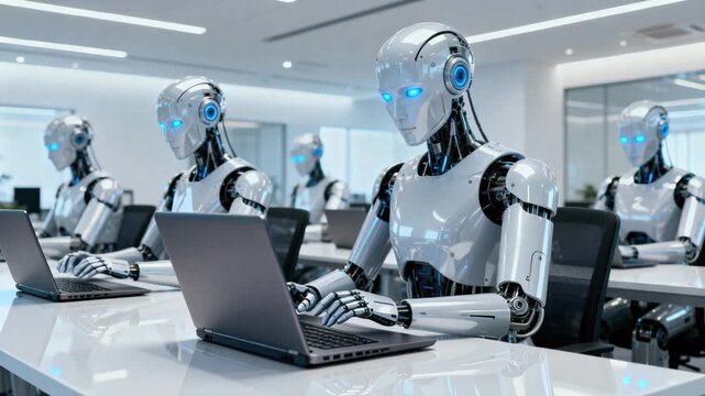 Rows of advanced humanoid robots working on laptops in a sleek futuristic office space.