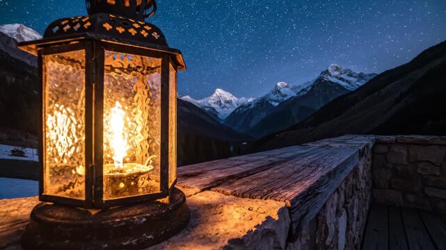 Illuminated lantern casting warm light on stone ledge with snow-capped mountain backdrop at twilight dusk