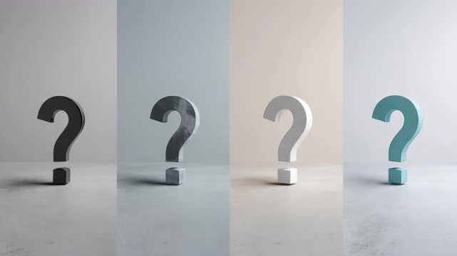 背景違いで同構図の青い疑問符を白無地と暗色やパステルとコンクリで展開