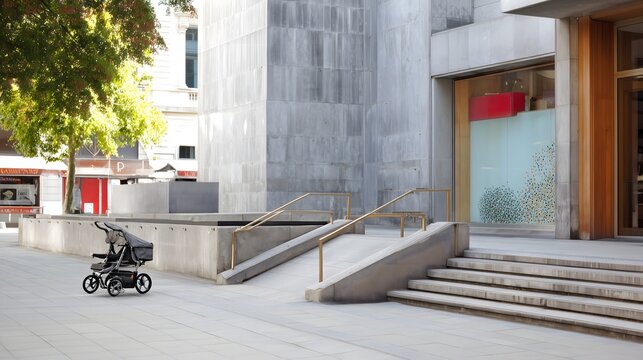Accessible public entrance with ramp and stroller