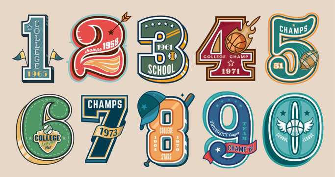 Varsity numbers sport patches vintage font for baseball, basketball and american football athletic teams. Vector university, school or college varsity patches, t shirt or jacket print with sport balls