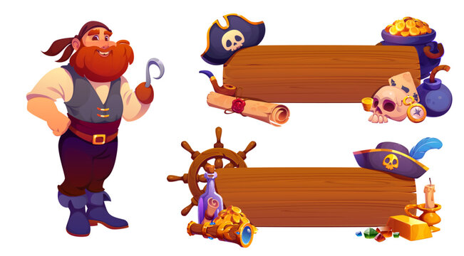 Pirate banners and funny corsair character. Cartoon sailor or captain with hook, Vector wooden board templates with tricorn hat, skull, treasure, gold coin jewel, bottle with scroll map and ship wheel