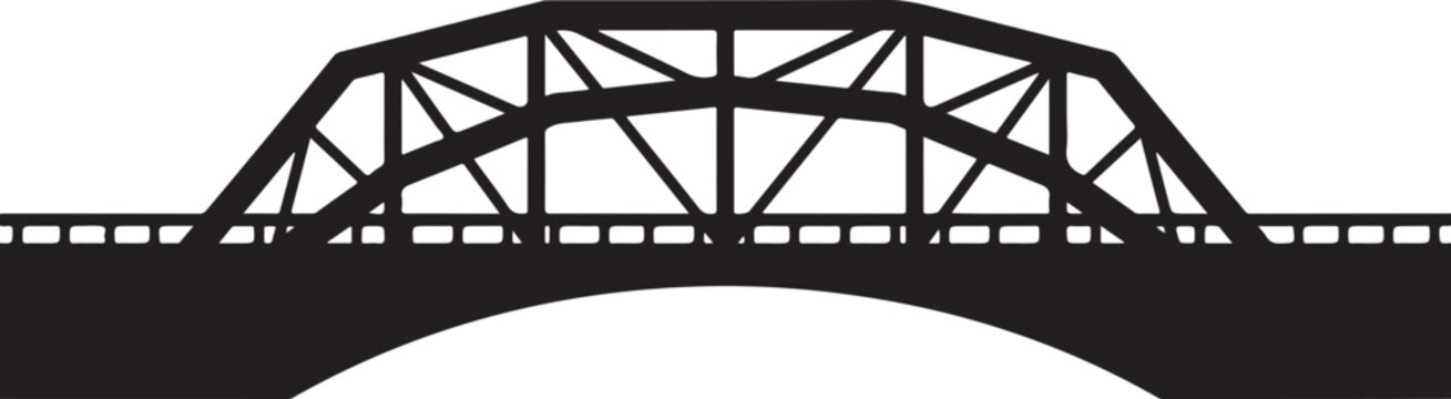 Black silhouette of a steel truss bridge on white background