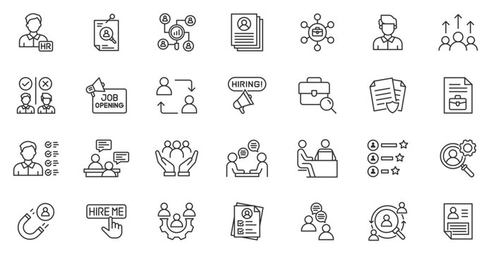Set of recruitment line icons. Hiring, job search, HR management, candidate selection, resume review, interview process, talent acquisition outline vector icon collection 