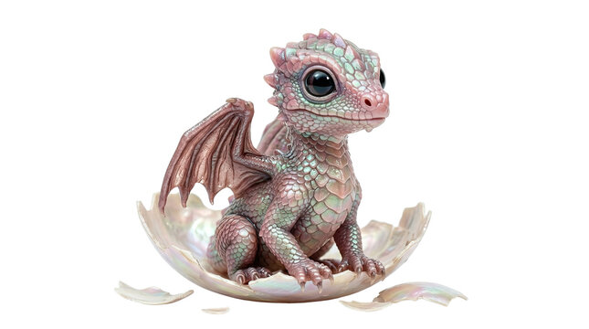 Cute iridescent baby dragon hatching from a pearl egg shell