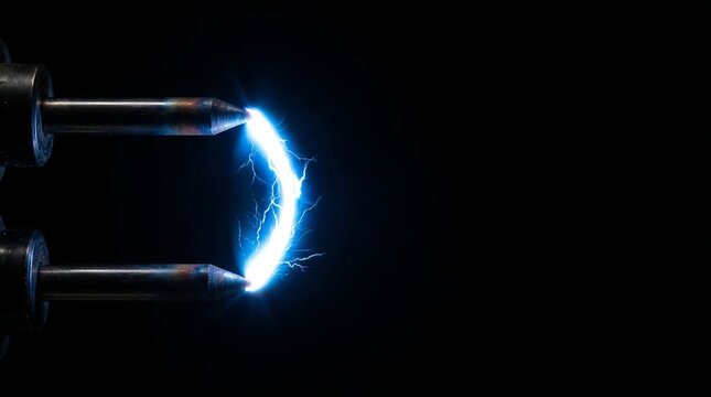 Bright blue electric arc discharge between two metal electrodes on dark black background