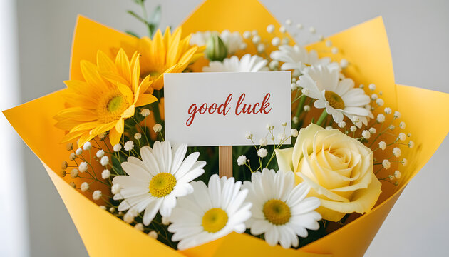a cheerful flower bouquet wrapped in vivid sunflower-yellow paper, goodluck wishes, created with generative ai