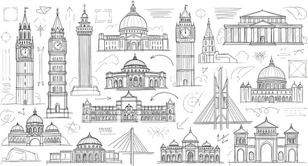 Obraz premium Famous Landmark Sketches and Architecture Icons Set with Buildings, Towers, and Monuments for Travel and Cultural Designs