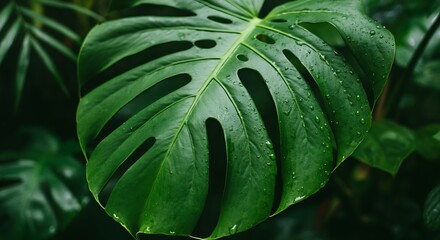 Fototapeta premium Close-up of a green Monstera leaf with water drops tropical forest aesthetic soft light