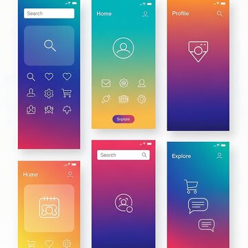 A collection of six mobile app screens with various icons
