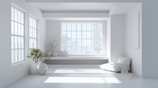 Minimalist White Interior Room with City View Window Mockup