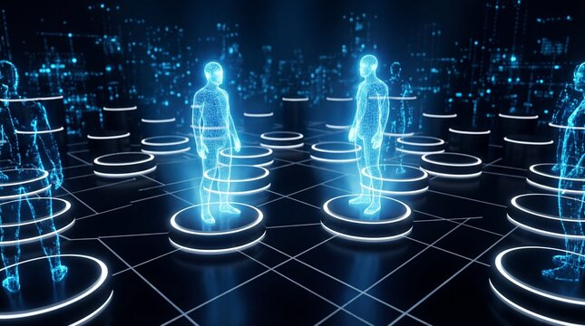 Futuristic digital humans standing on glowing circles technology