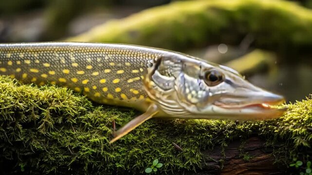 A pike fish with yellow spots lies on a mossy log, its body stretched out, showcasing its long snout and sharp teeth
