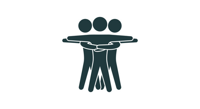 Three people standing together in a supportive team huddle with arms around each other in unity