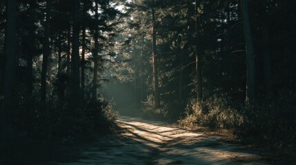 Naklejka premium Sunbeams Piercing Through a Dark Misty Pine Forest Path