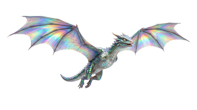 Majestic iridescent dragon flying with wings spread