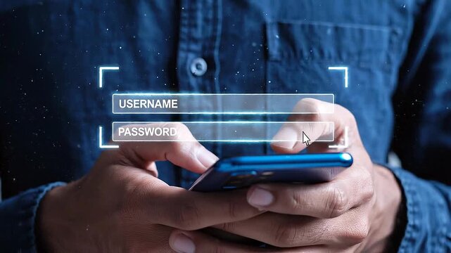 Person holding a modern smartphone and interacting with a glowing holographic username and password login screen interface for secure digital access