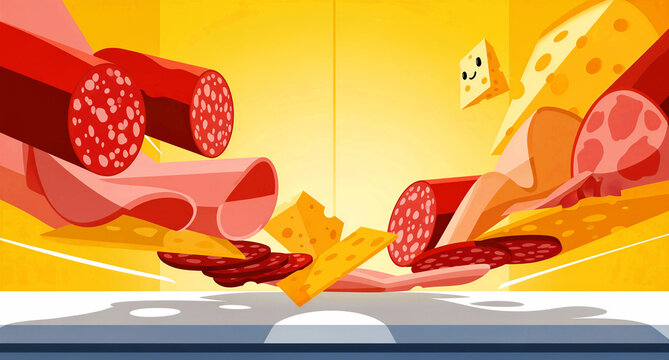 Vibrant cartoon illustration depicts various delicious deli meats and assorted cheeses aggressively falling towards a clean surface