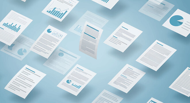 Business documents on blue background.